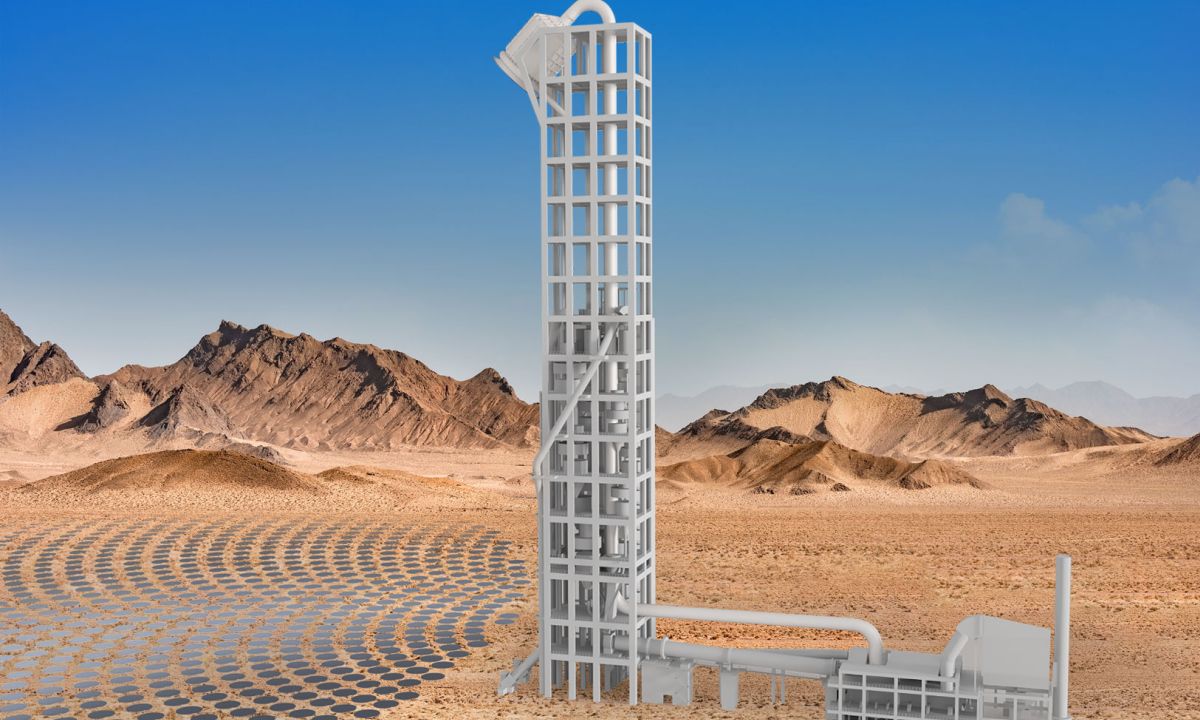 Picture: Render of a solar cement plant. The solar tower delivers high-temperature process heat.